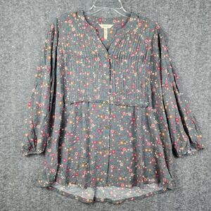 Matilda Jane Floral Blouse Womens XXL Grey Pink Pintuck Ruffle Rayon Excellent